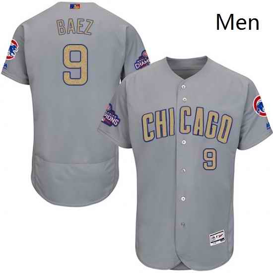 Mens Majestic Chicago Cubs 9 Javier Baez Authentic Gray 2017 Gold Champion Flex Base MLB Jersey